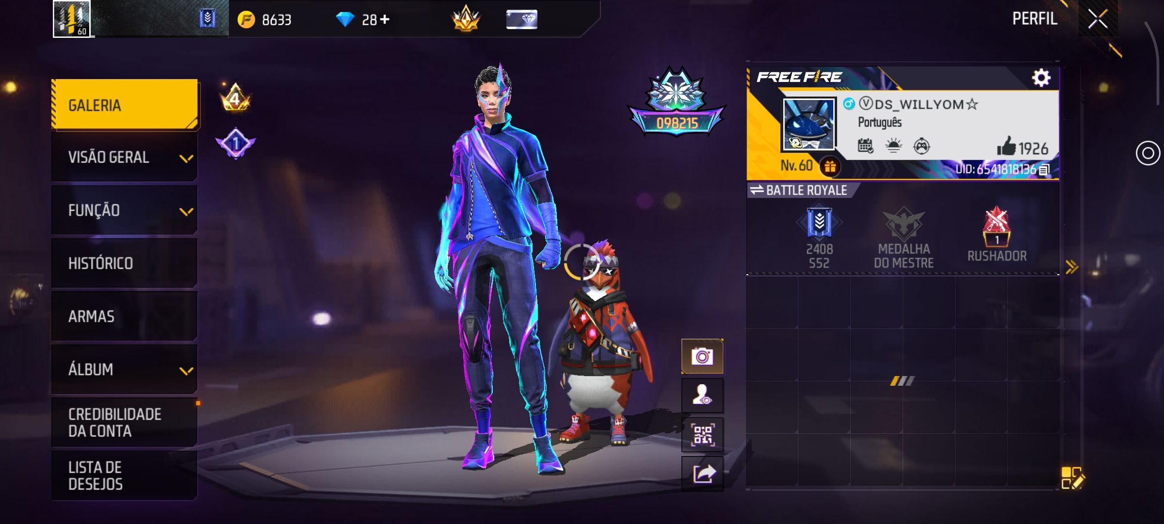 Skin evolutiva, conta nível 60, com passes raros, conjuntos e Dimas na contaa