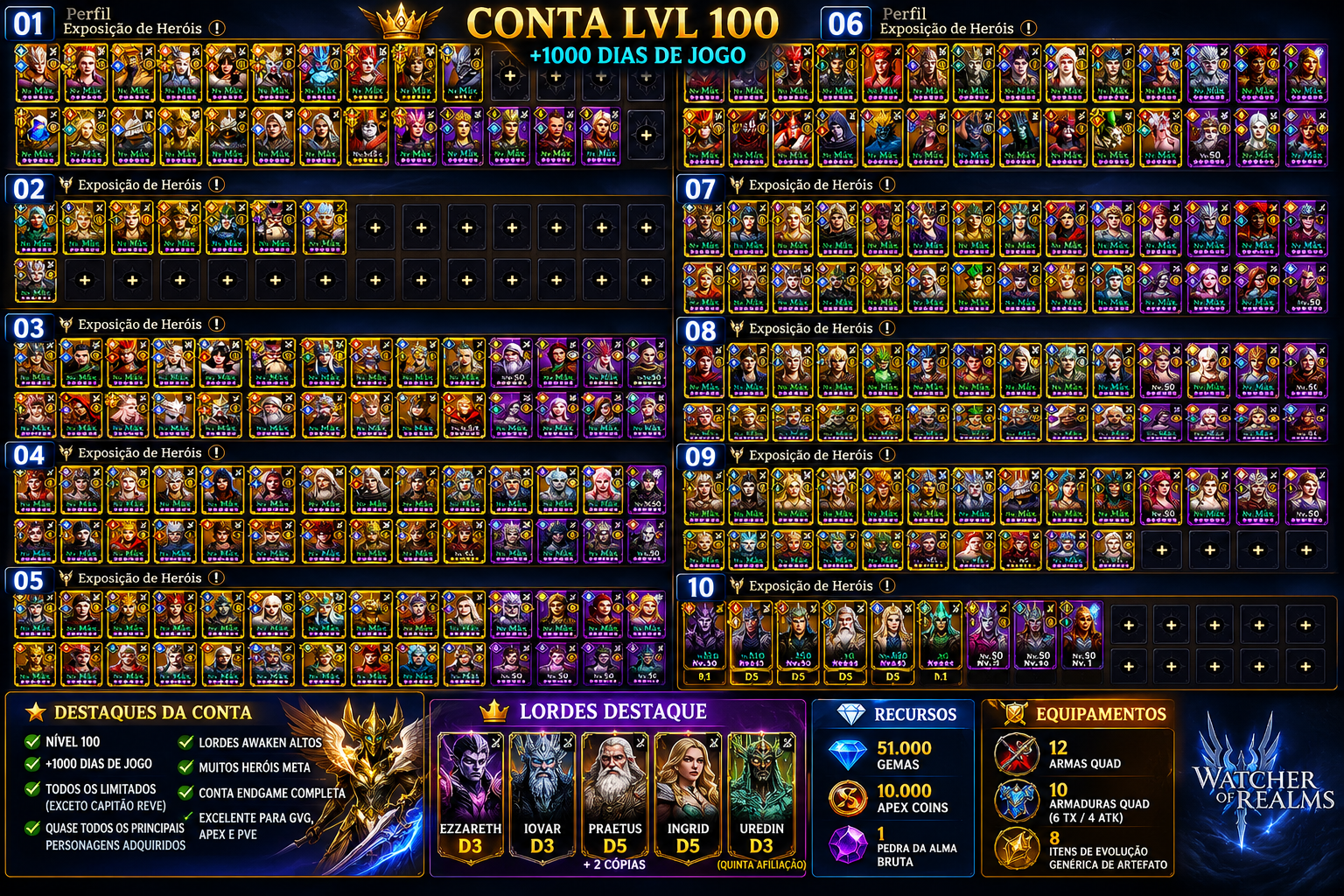 🔥 CONTA WATCHER OF REALMS – ENDGAME EXTREMO / +1000 DIAS / LVL 100 🔥