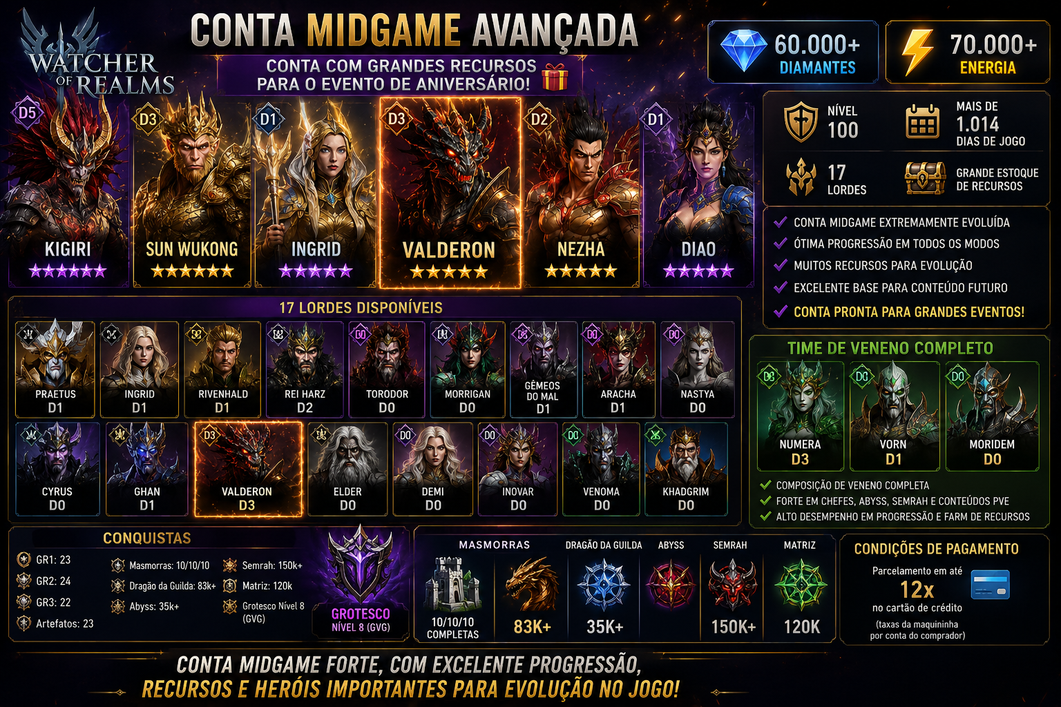 60k de diamante + 70k de energia + 125 heróis lendários